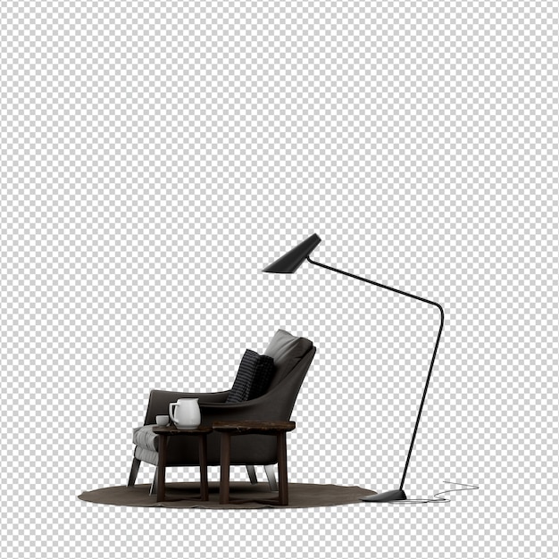 PSD isometric armchair 3d render with table and floor lamp isolated