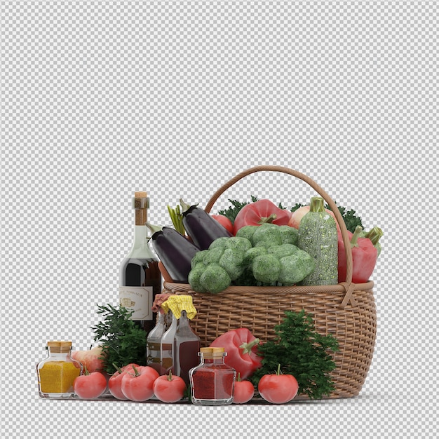 PSD isometric basket with vegetables and fruits in wicker basket