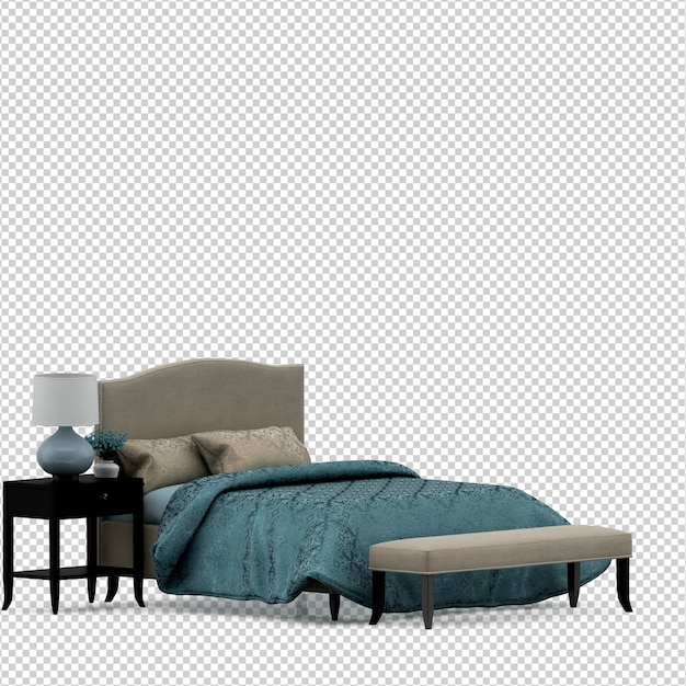 PSD isometric bed 3d render isolated