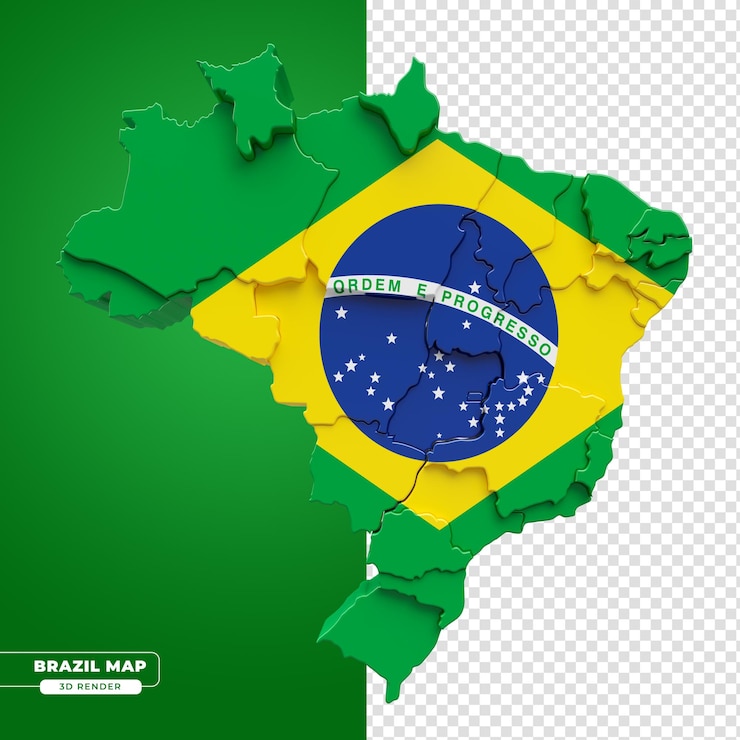 PSD isometric brazil map with brazilian flag in 3d render with transparent background