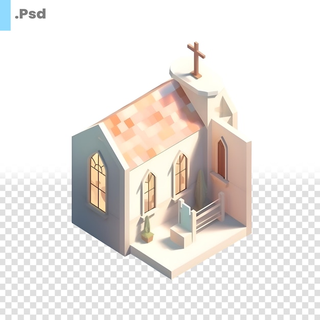 PSD Изометрическая церковь на белом фоне 3d рендеринг иллюстрация psd шаблон