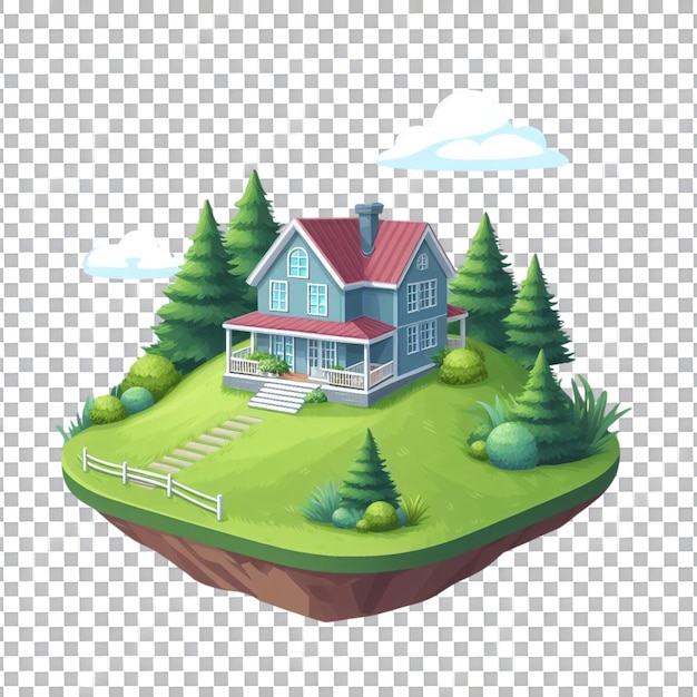 PSD isometric cottage house trees and bushes forest trees and bushes