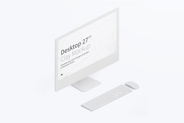 Isometric desktop computer mockup with keyboard and mouse