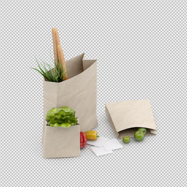 Isometric grosery bag 3d render