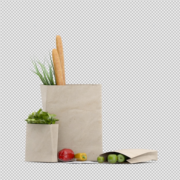 Isometric grosery bag 3d render