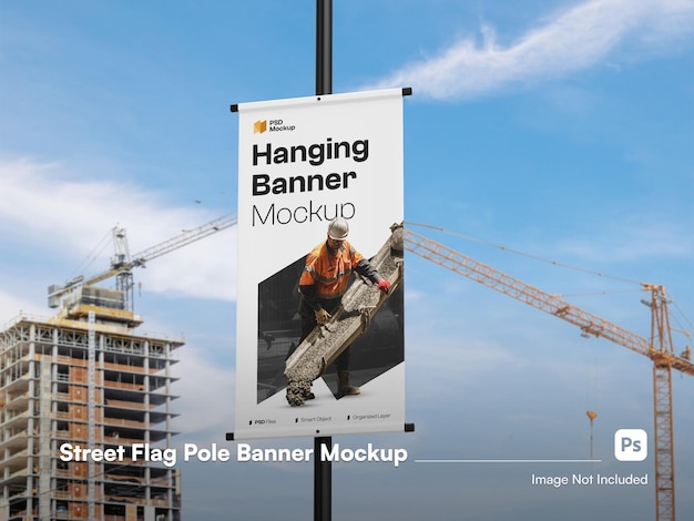 PSD isometric hanging street pole banner white blank 3d isolated mockup