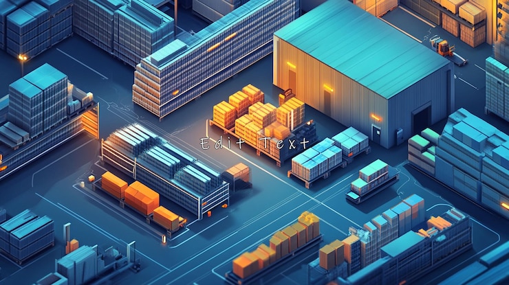 PSD isometric illustration of a bustling logistics hub at night showcasing efficient cargo handling and transportation