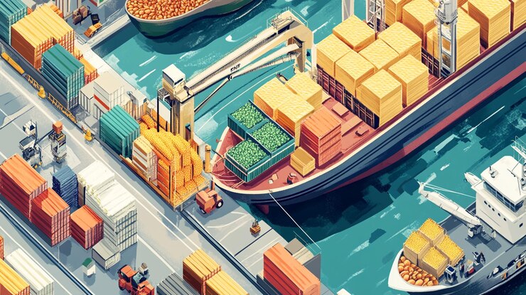 PSD isometric illustration of a busy container port with cargo ships cranes and containers being loaded and unloaded