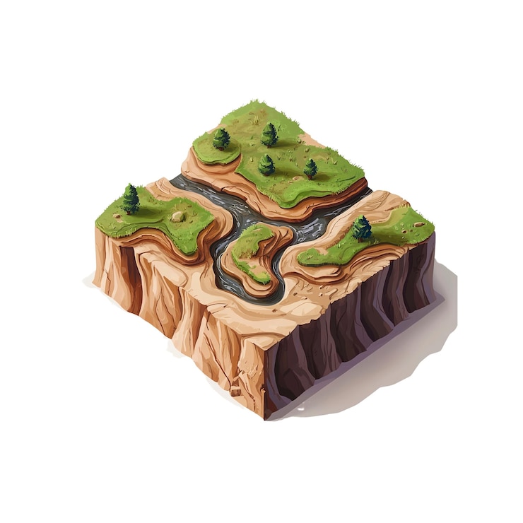 PSD isometric illustration of a canyon river landscape with lush green vegetation