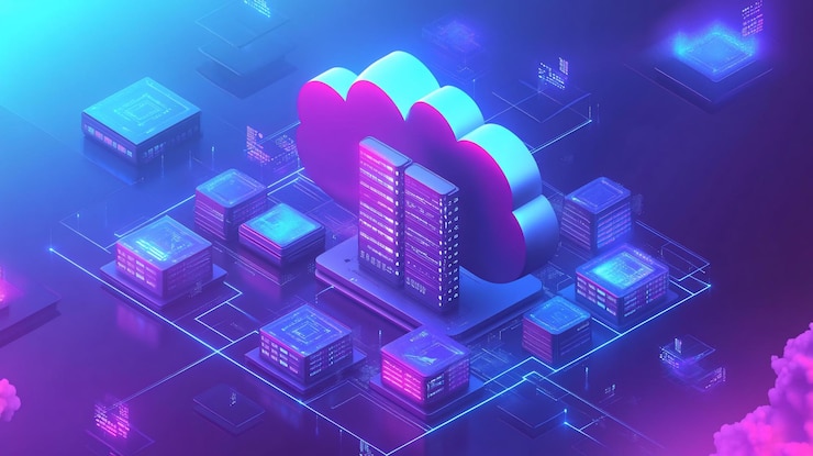 PSD isometric illustration of cloud computing system with servers and network connections