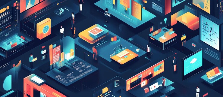 PSD isometric illustration of a complex digital network with data devices and people working