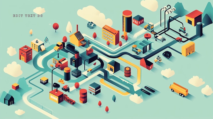 PSD isometric illustration of a complex industrial network with factories transportation and infrastructure
