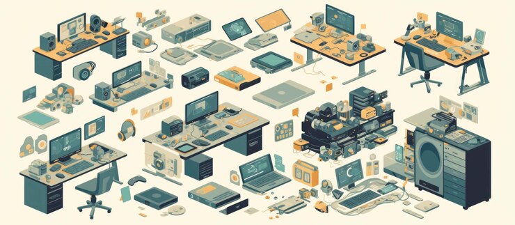 PSD isometric illustration of a computer workstation with various gadgets and peripherals