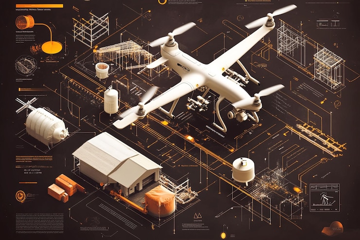 PSD isometric illustration of a drone above an industrial facility