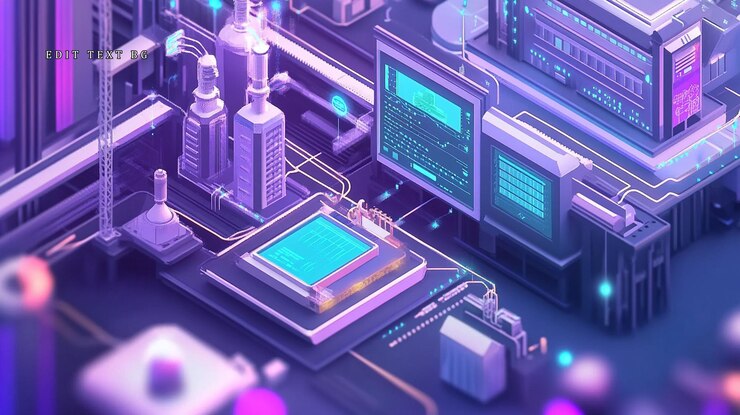 PSD isometric illustration of a futuristic factory with digital control panels and industrial machinery