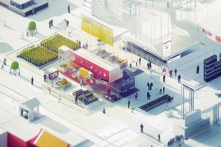 PSD isometric illustration of a futuristic urban farm market with people shopping and interacting