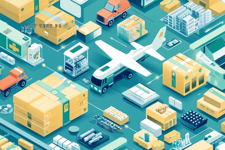 PSD 航空機,トラック,貨物を含むグローバルな物流サプライチェーンと輸送ネットワークのアイソメトリックイラスト