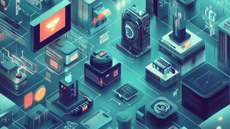 PSD isometric illustration of interconnected devices and data streams in a futuristic technological landscape