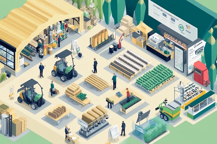 PSD isometric illustration of a modern farmtotable operation showcasing various stages from cultivation to retail