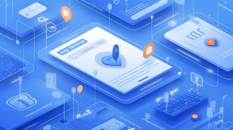 PSD an isometric illustration of a smartphone with a search bar and a map surrounded by other digital elements