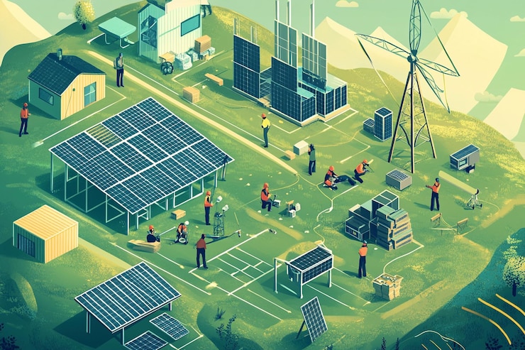 PSD isometric illustration of a sustainable energy community with solar panels wind turbines and workers installing and maintaining the equipment