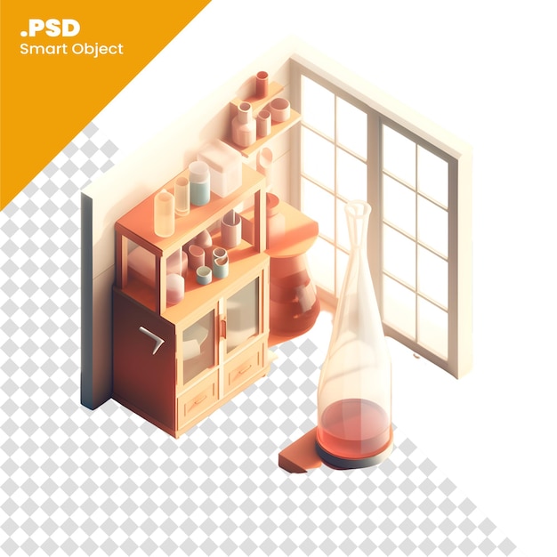 PSD isometric interior of a room with a glass vase and a shelf psd template