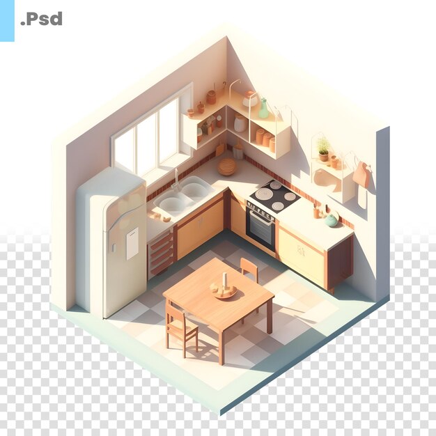 Isometric kitchen and dining roomisometric view from the top psd template