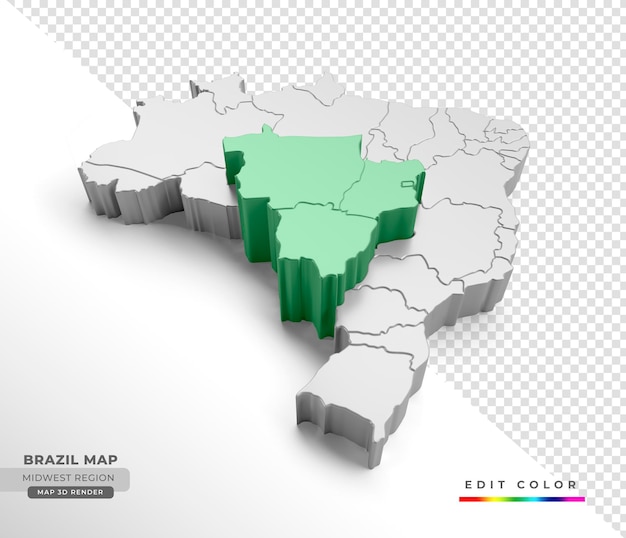 PSD isometric map of brazil with emphasis on the midwest region in 3d render