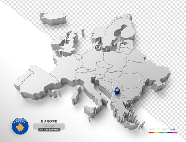 PSD mappa isometrica del kosovo in europa con bandiera nel rendering 3d