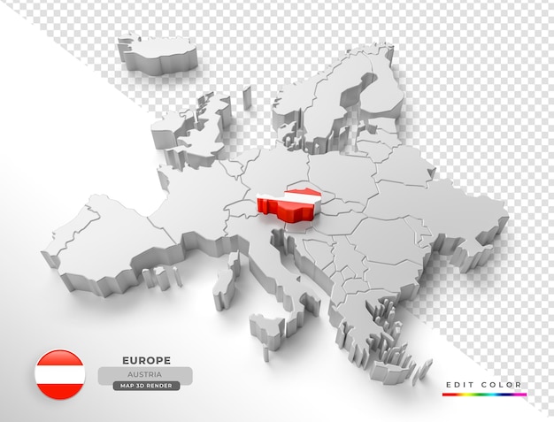 Изометрическая карта австрии и европы с флагом в 3d рендеринге
