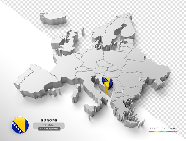 PSD 3d 렌더링에서 플래그와 함께 보스니아 유럽의 아이소메트릭 지도