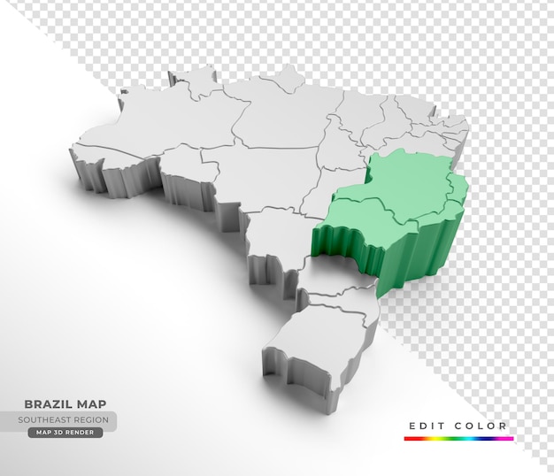 Изометрическая карта бразилии с акцентом на юго-восточный регион в 3d-рендеринге