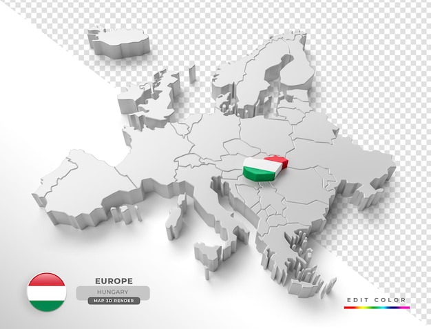 3d 렌더링에서 플래그와 함께 헝가리 유럽의 아이소메트릭 지도