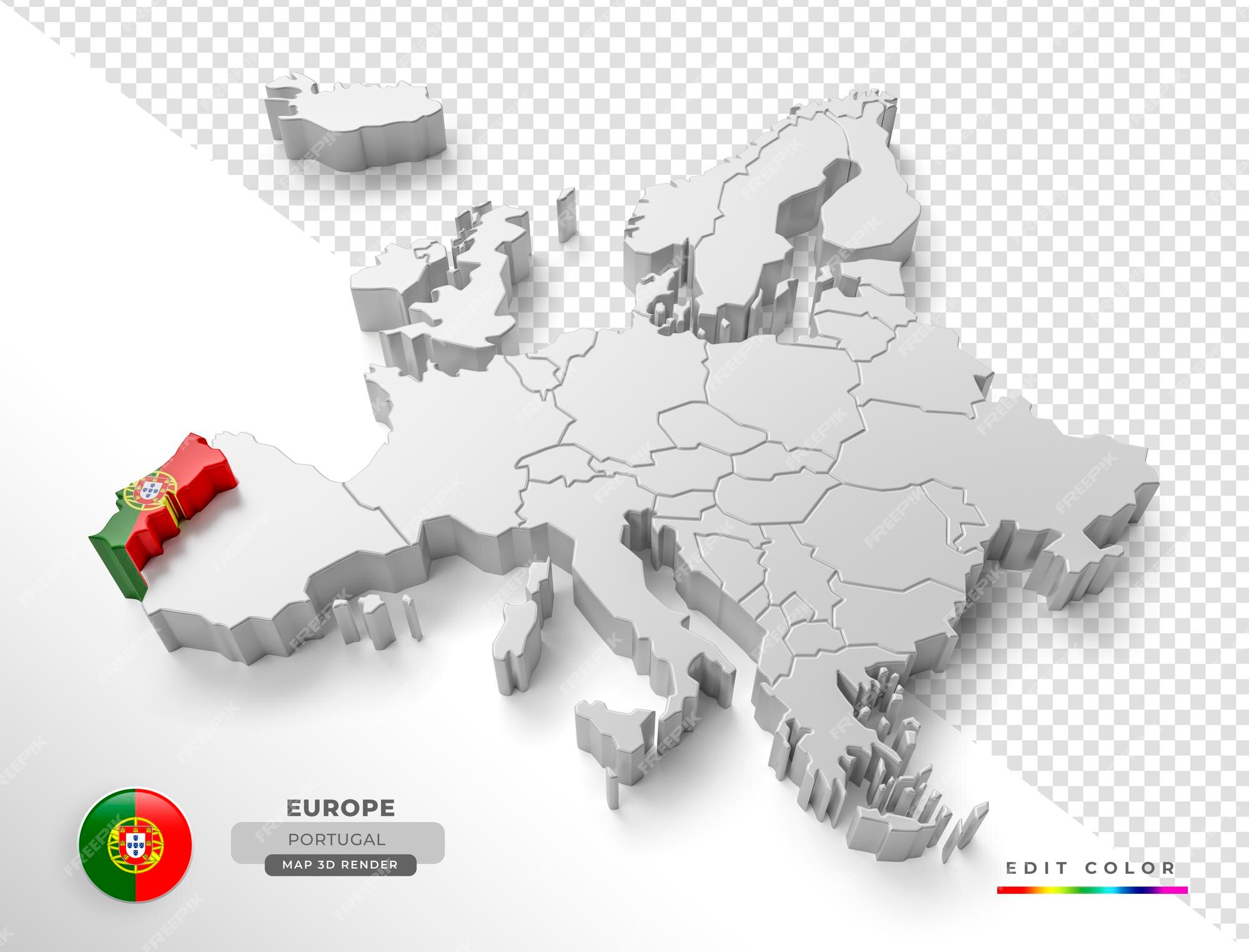 Renderização 3d do mapa da europa, portugal com bandeira