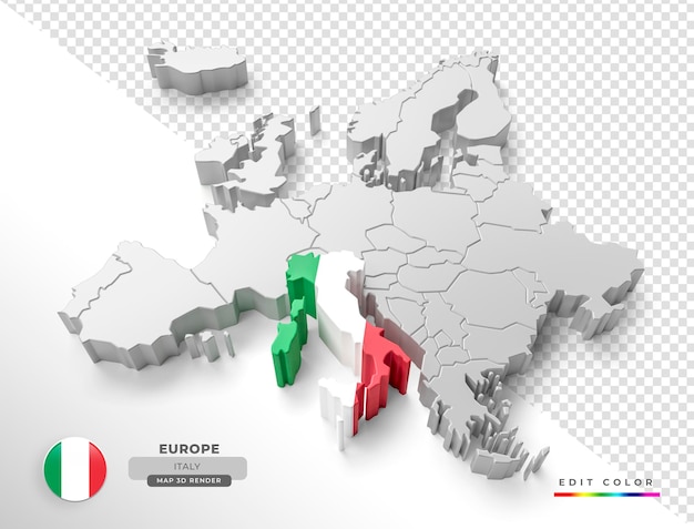 Isometric map of spain italy with flag in 3d render