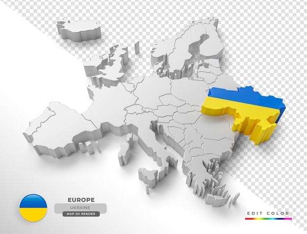 Isometric map of Ukraine Europe with flag in 3d render