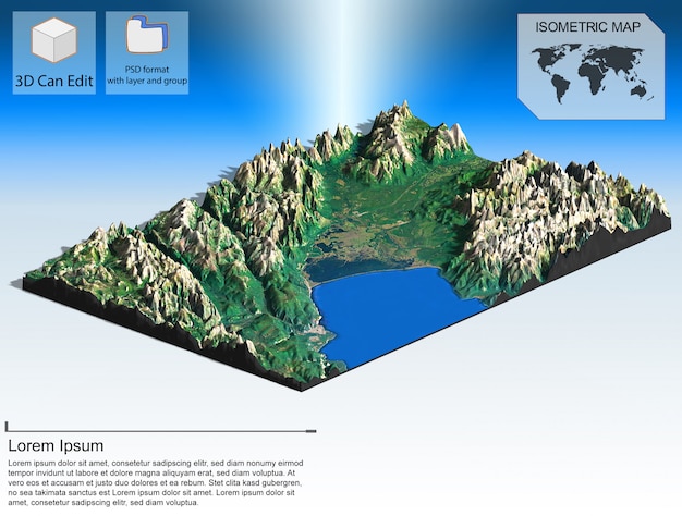 PSD インフォグラフィックの等尺性マップ仮想地形3 d。