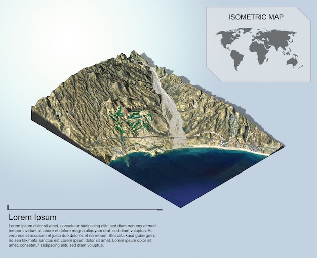 PSD mappa isometrica terreno virtuale 3d per infografica.