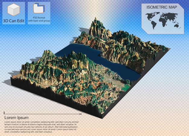 PSD mappa isometrica terreno virtuale 3d per infografica.