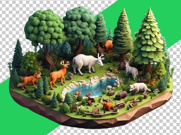 PSD natura isometrica foresta in miniatura su sfondo bianco