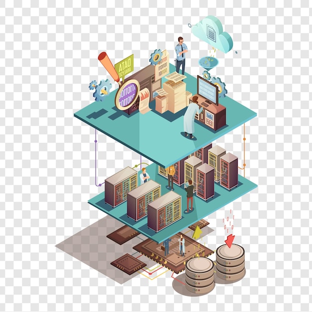 Isometric of a Data Center and Cloud Computing isolated on transparent background