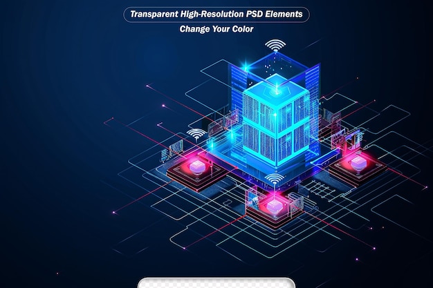 Isometric processor block chain on grid background