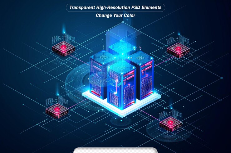 PSD isometric processor block chain on grid background