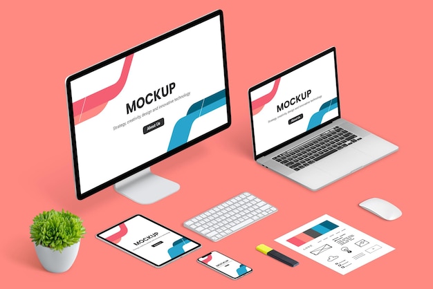 Mockup dello schermo dei dispositivi reattivi isometrici