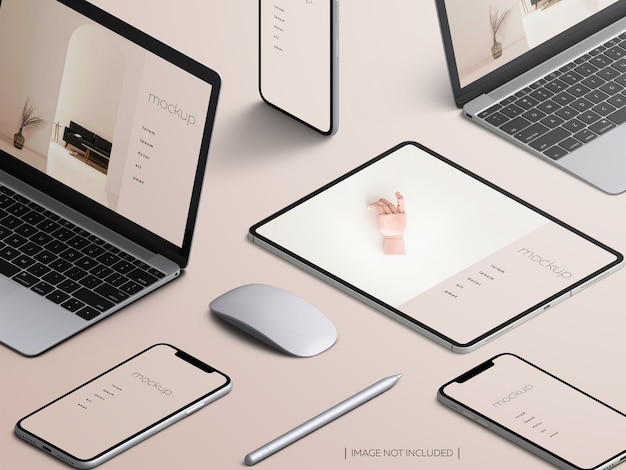 PSD isometric responsive devices screen mockup