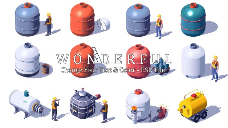 PSD isometric tanks and workers illustration