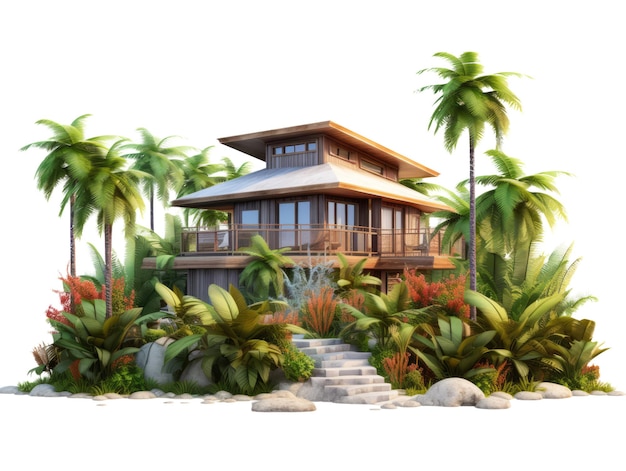 PSD casa tropicale isometrica con palma