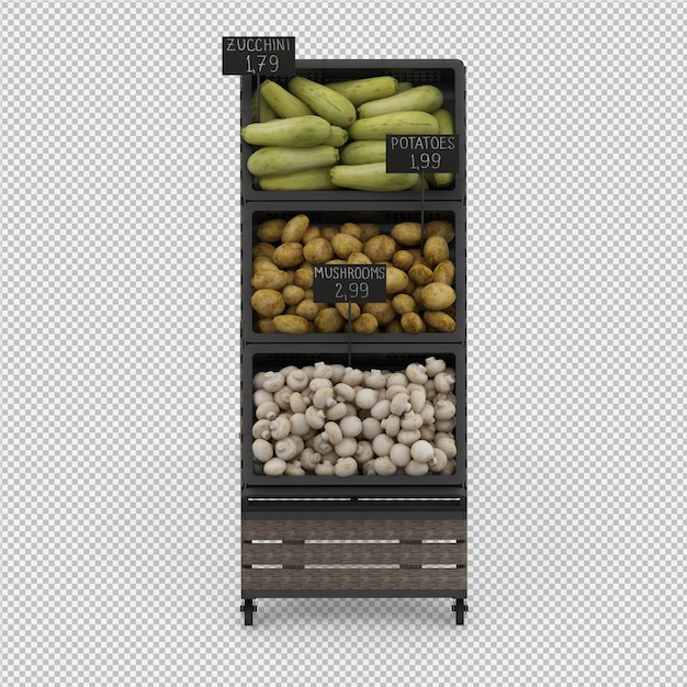 PSD isometric vegetable stand market 3d render