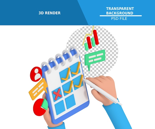 PSD vista isometrica modellazione 3d della pianificazione aziendale nel calendario