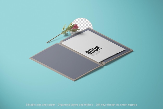 isometric view blank opened book mockup illustration 3d render isolated on white background